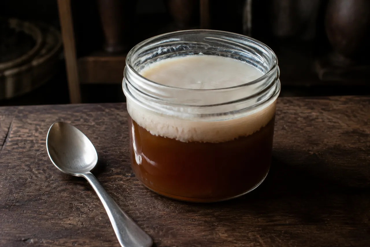 Pote de vidro com o caldo da costela gelado e firme, coberto por uma capa branca de gordura endurecida, com uma colher ao lado.