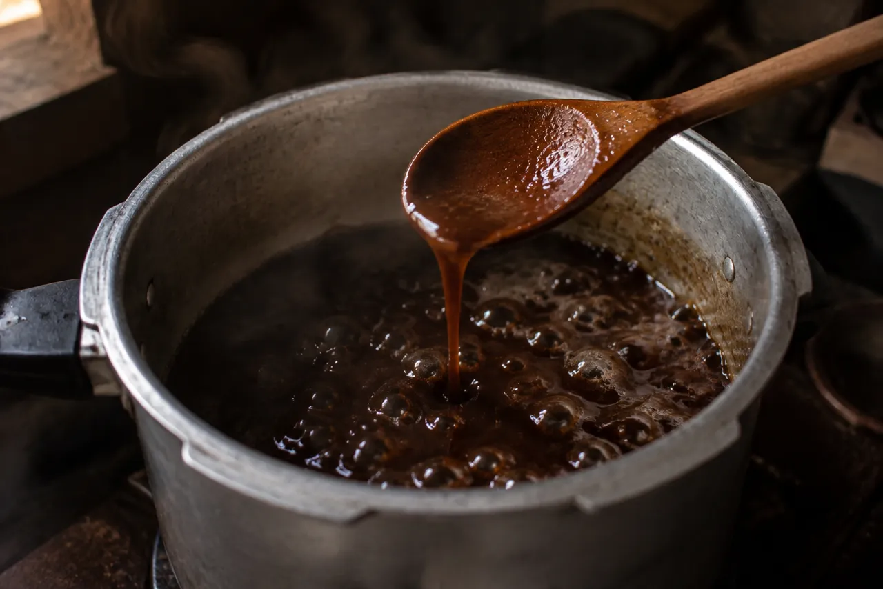 Panela aberta no fogo com o caldo escuro fervendo em borbulhas grossas, sem a carne, e uma colher de pau erguida mostrando o caldo espesso escorrendo.