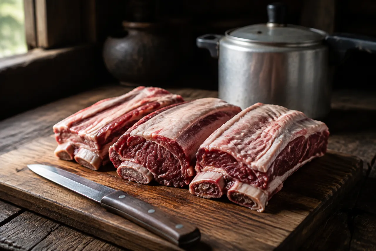 Peça de costela de boi crua sobre tábua de madeira, já serrada entre os ossos em pedaços de duas costelas, com a gordura branca à mostra e uma faca ao lado.