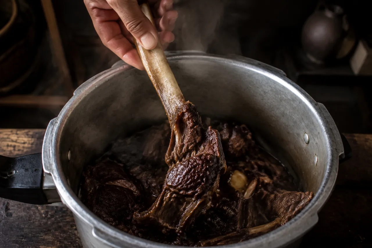 Mão puxando um osso limpo de dentro de um pedaço de costela cozida, a carne escura se soltando, dentro da panela aberta.