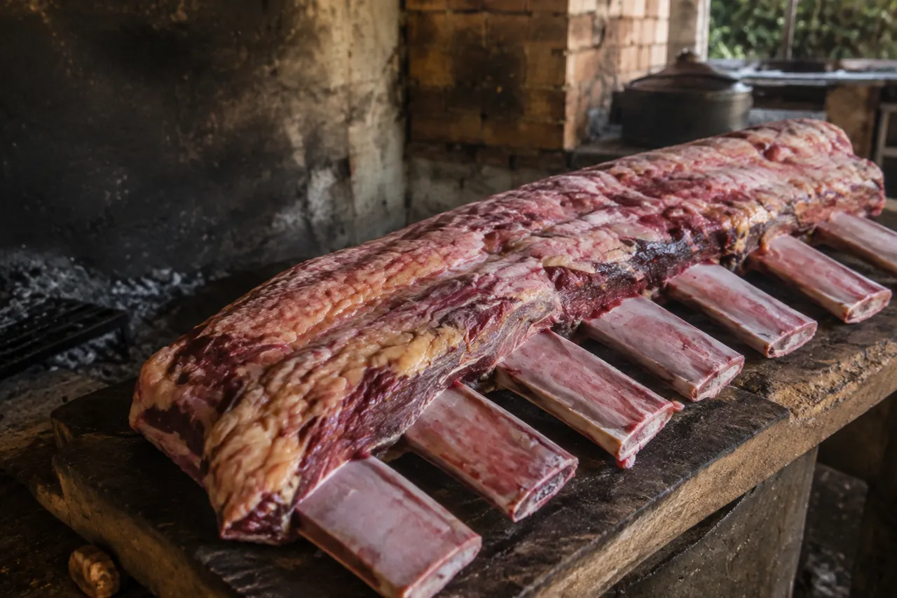 Manta de costela bovina crua sobre tábua de madeira grossa, com os ossos largos e chatos alinhados de um lado e a capa de gordura branca do outro, com a churrasqueira acesa desfocada ao fundo.