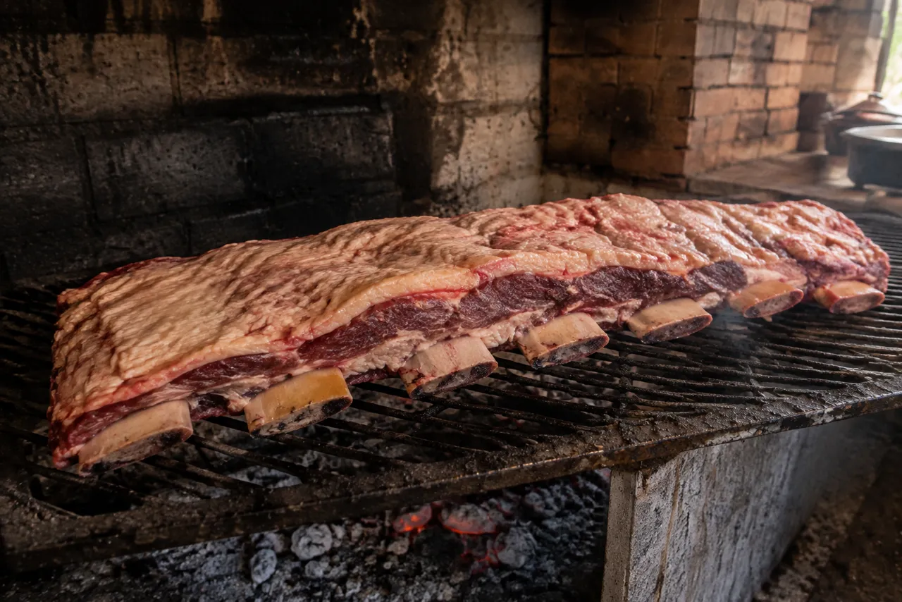 Manta de costela crua posta na grelha alta com os ossos virados para baixo, em direção à brasa, e a capa de gordura para cima.