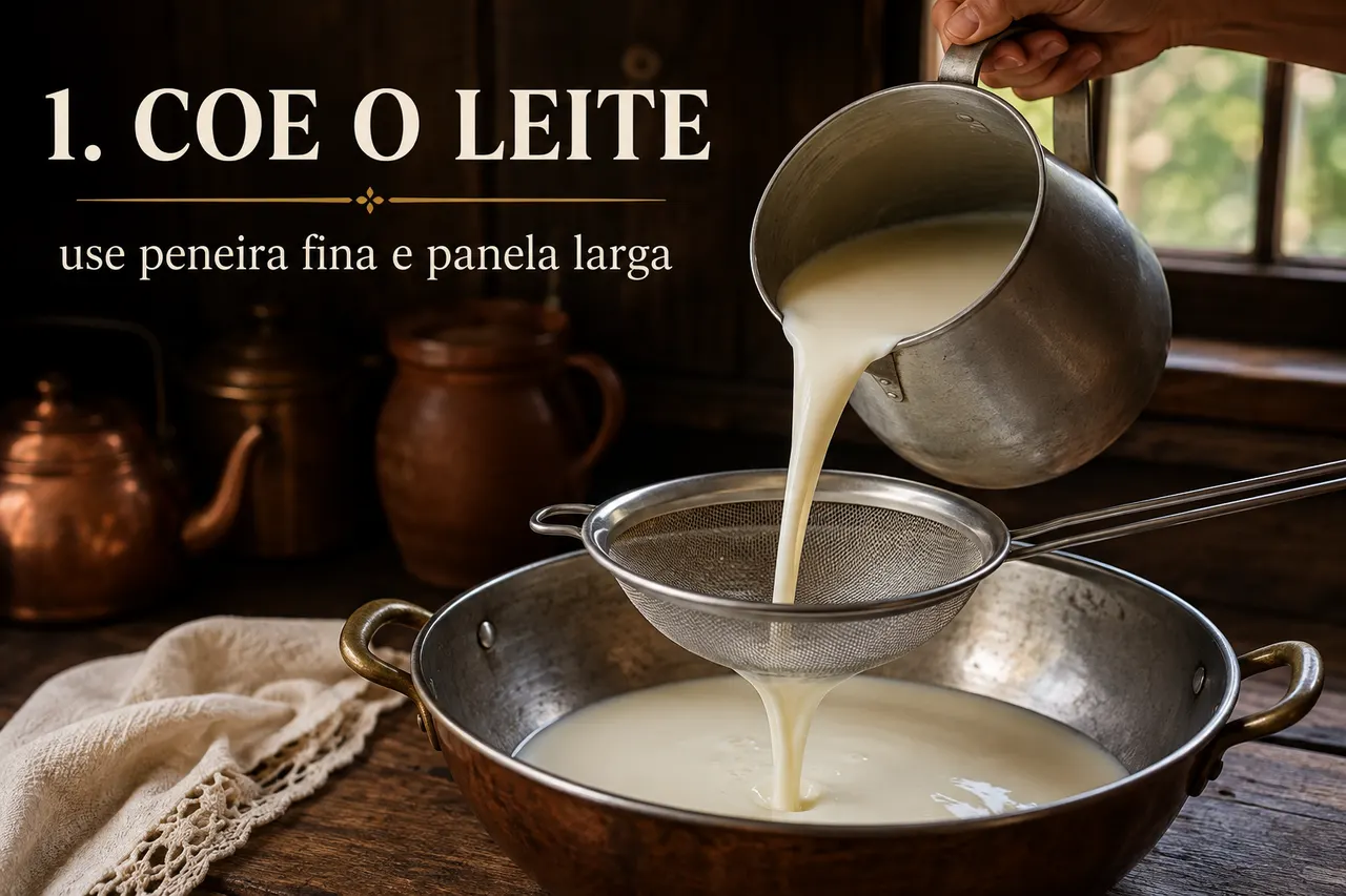 Leite despejado de uma leiteira de alumínio através de uma peneira fina para dentro de uma panela larga, numa cozinha de roça. Sobre a foto, o texto: 1. Coe o leite, use peneira fina e panela larga.