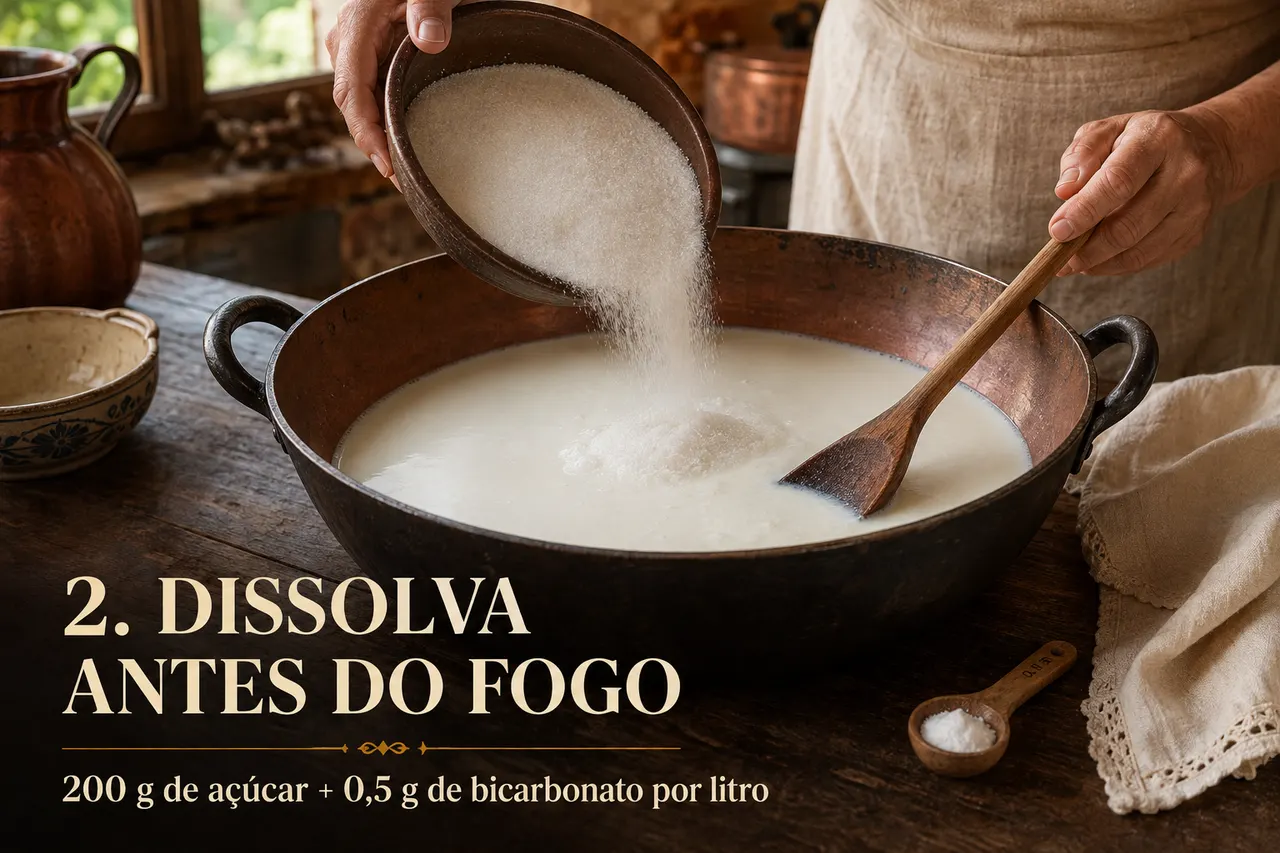 Açúcar despejado de uma cumbuca de barro sobre o leite ainda frio numa panela larga, com colher de pau dentro e uma colher de bicarbonato ao lado. Sobre a foto, o texto: 2. Dissolva antes do fogo, 200 g de açúcar mais 0,5 g de bicarbonato por litro.