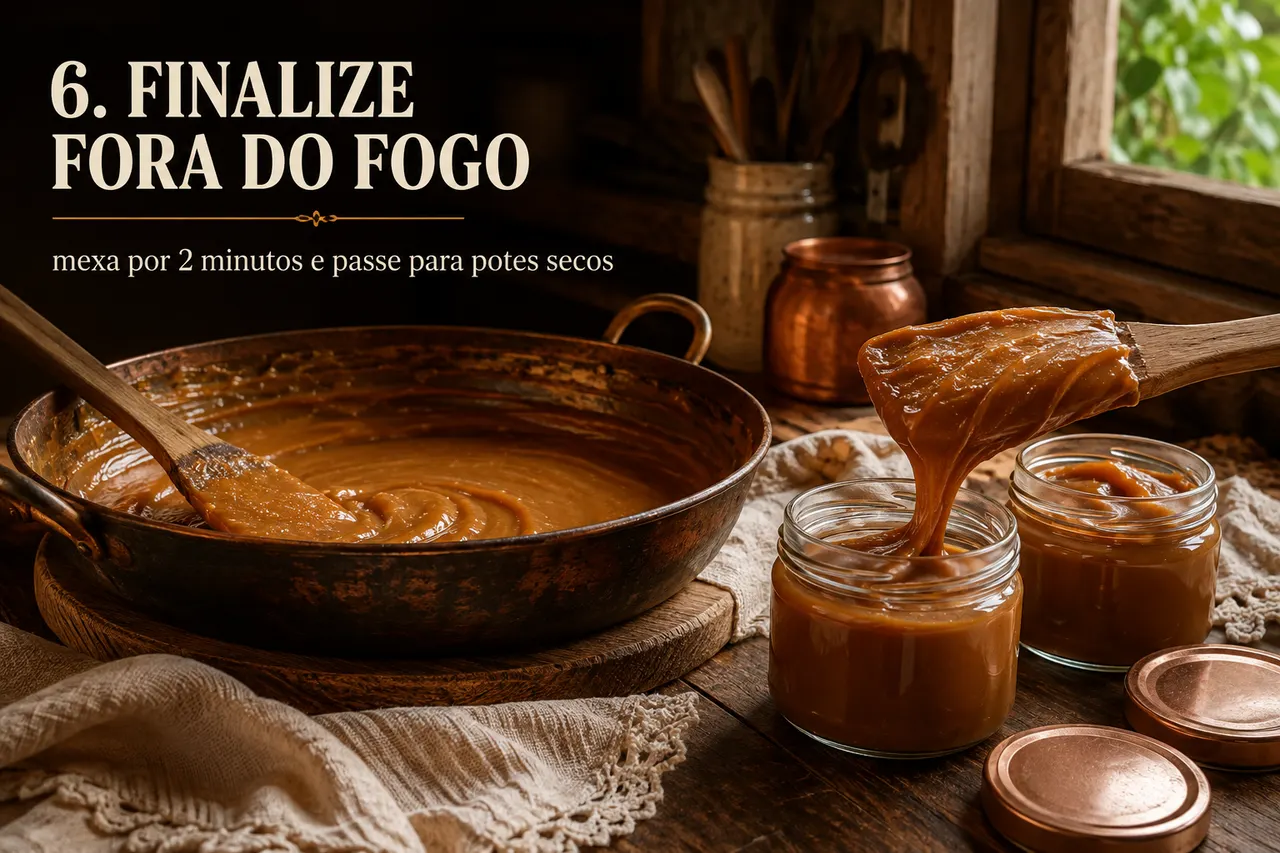Panela de cobre fora do fogo com o doce pronto e brilhante, e uma colher de pau despejando um fio grosso dentro de potes de vidro sobre a mesa. Sobre a foto, o texto: 6. Finalize fora do fogo, mexa por 2 minutos e passe para potes secos.