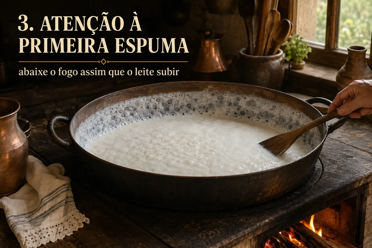Panela larga sobre o fogo com o leite fervendo e uma coroa de espuma subindo por toda a borda, uma colher de pau mexendo. Sobre a foto, o texto: 3. Atenção à primeira espuma, abaixe o fogo assim que o leite subir.