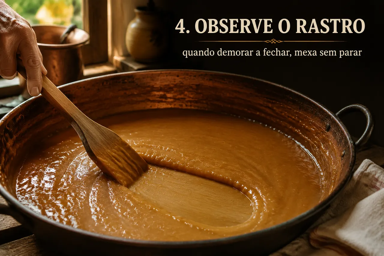 Doce de leite cor de caramelo na panela larga, com a colher de pau abrindo um rastro que deixa o fundo à mostra. Sobre a foto, o texto: 4. Observe o rastro, quando demorar a fechar, mexa sem parar.