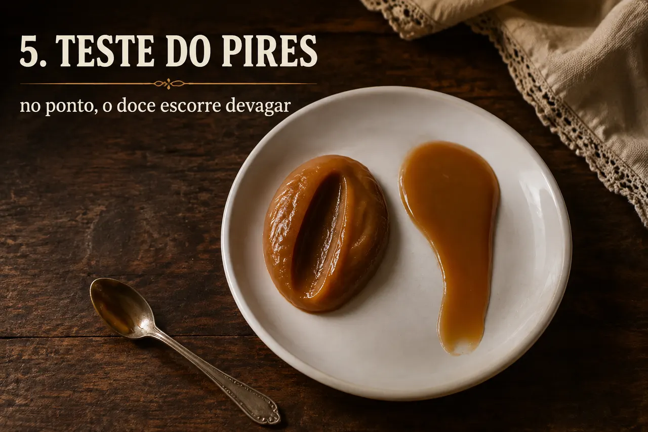 Pires branco visto de cima com duas colheradas de doce de leite: a da esquerda mantém a forma alta, a da direita escorreu e virou uma poça. Sobre a foto, o texto: 5. Teste do pires, no ponto, o doce escorre devagar.